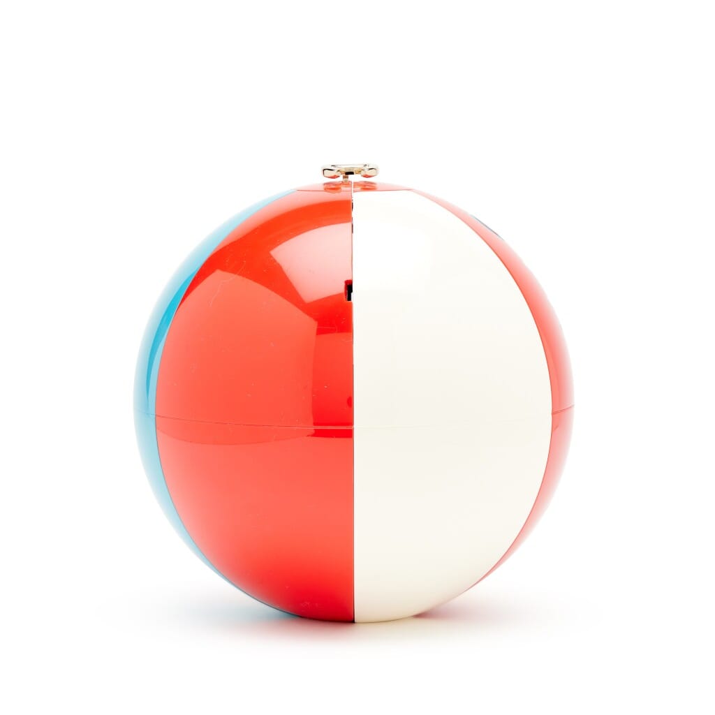 Red White Yellow and Blue Plexiglass Coco Beach Ball Minaudière Clutch Light Gold Hardware, 2019