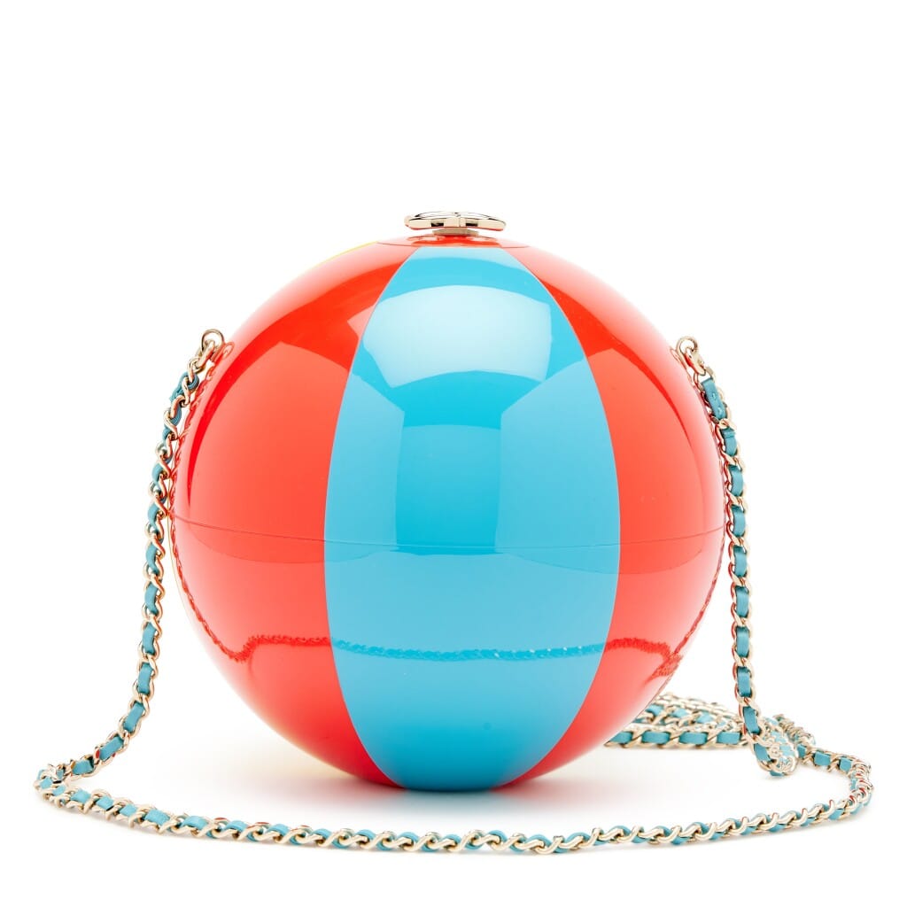 Red White Yellow and Blue Plexiglass Coco Beach Ball Minaudière Clutch Light Gold Hardware, 2019