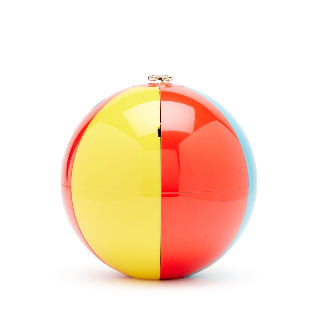 Red White Yellow and Blue Plexiglass Coco Beach Ball Minaudière Clutch Light Gold Hardware, 2019