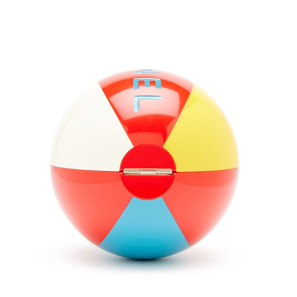 Red White Yellow and Blue Plexiglass Coco Beach Ball Minaudière Clutch Light Gold Hardware, 2019
