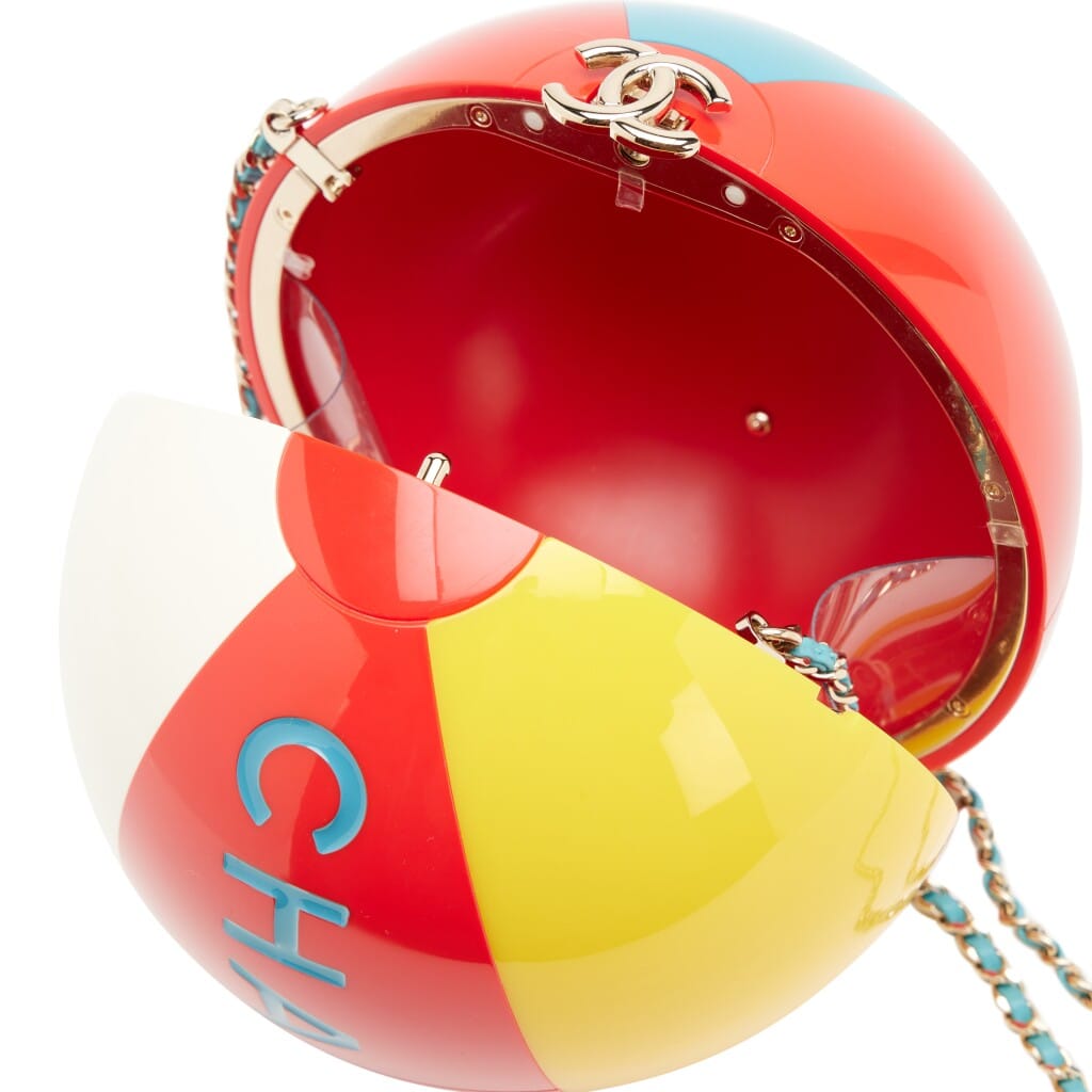 Red White Yellow and Blue Plexiglass Coco Beach Ball Minaudière Clutch Light Gold Hardware, 2019