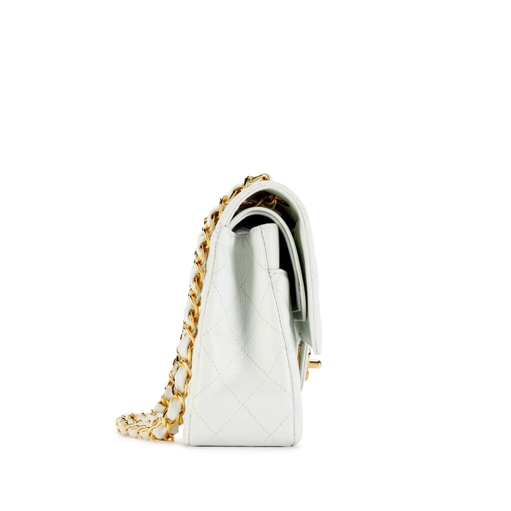 Vintage Icy White Quilted Caviar Medium Classic Double Flap Bag Gold Hardware, 2003-2004