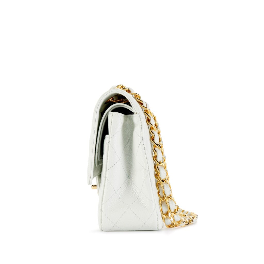 Vintage Icy White Quilted Caviar Medium Classic Double Flap Bag Gold Hardware, 2003-2004