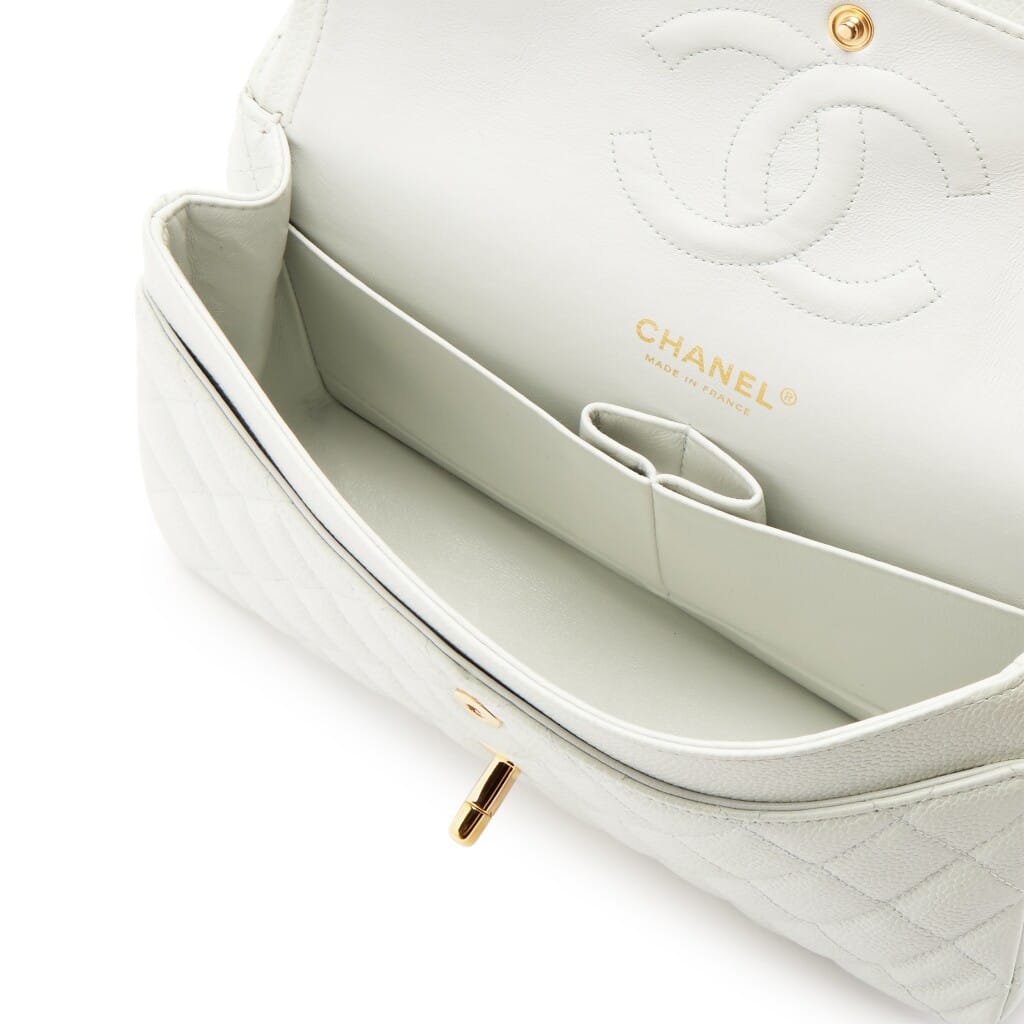 Vintage Icy White Quilted Caviar Medium Classic Double Flap Bag Gold Hardware, 2003-2004
