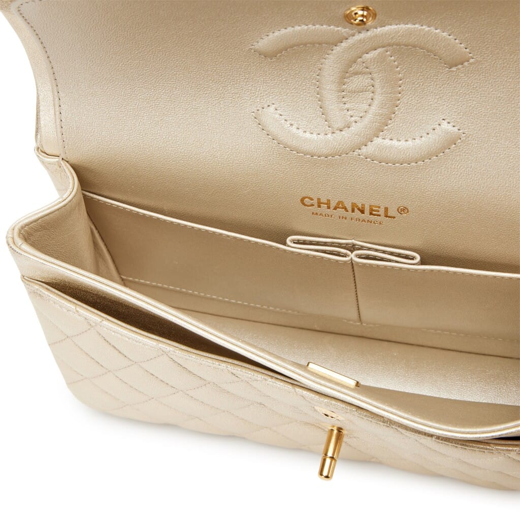Gold Quilted Metallic Lambskin Medium Classic Double Flap Bag Aged Gold Hardware, 2022