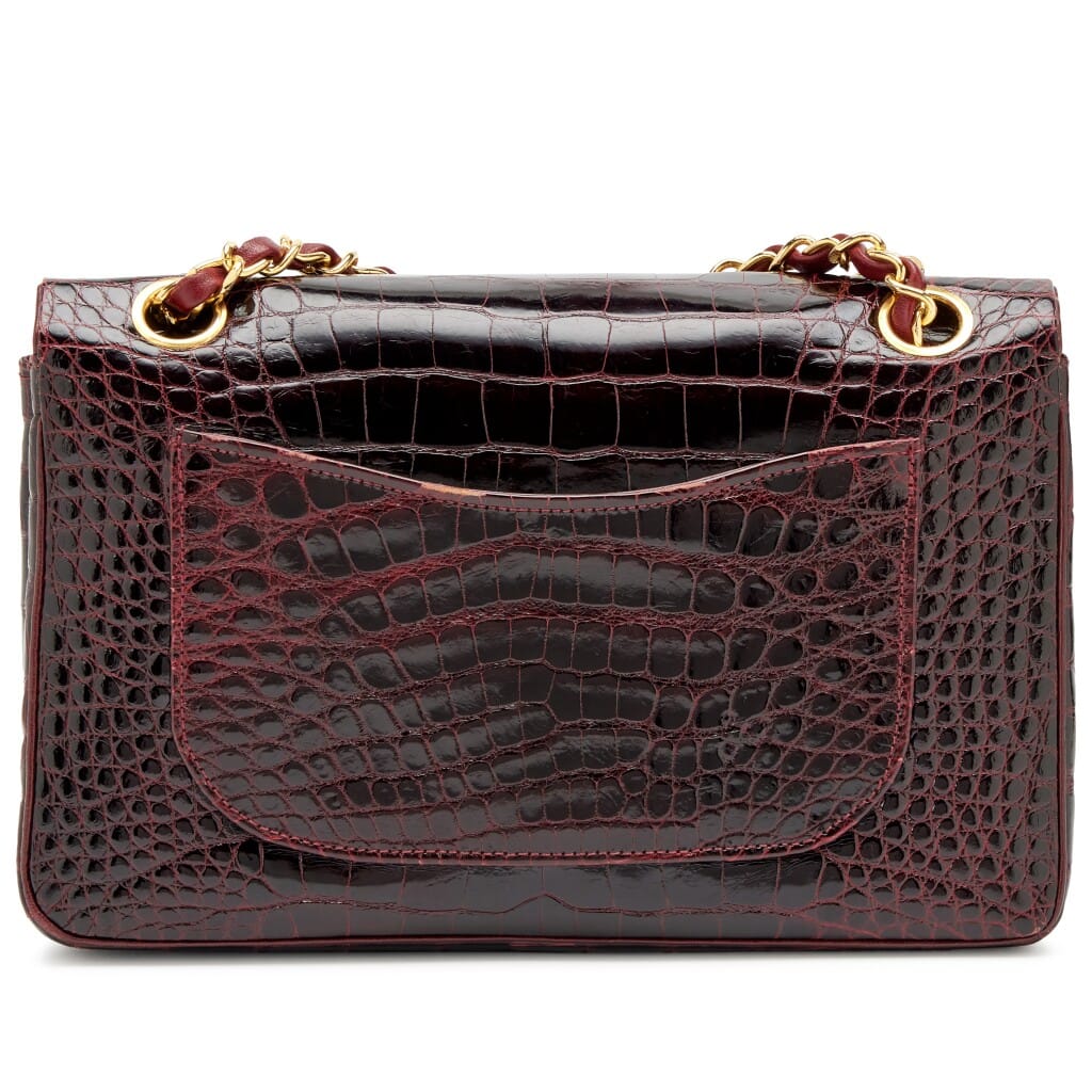 Vintage Burgundy Crocodile Small Classic Double Flap Bag Gold Hardware, 1989-1991