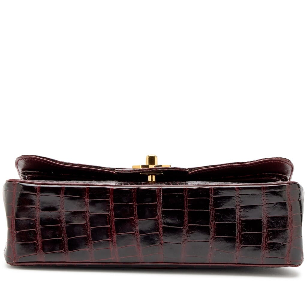 Vintage Burgundy Crocodile Small Classic Double Flap Bag Gold Hardware, 1989-1991