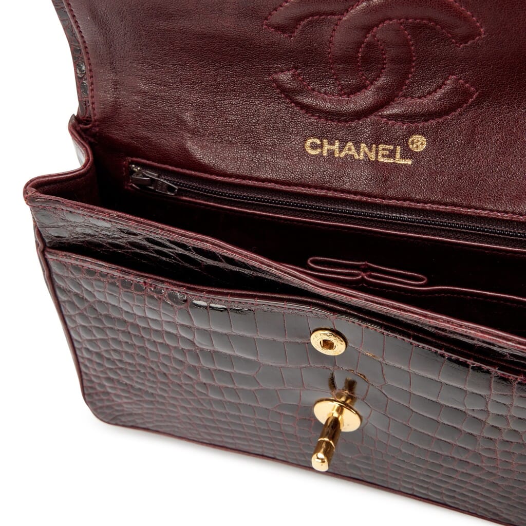 Vintage Burgundy Crocodile Small Classic Double Flap Bag Gold Hardware, 1989-1991