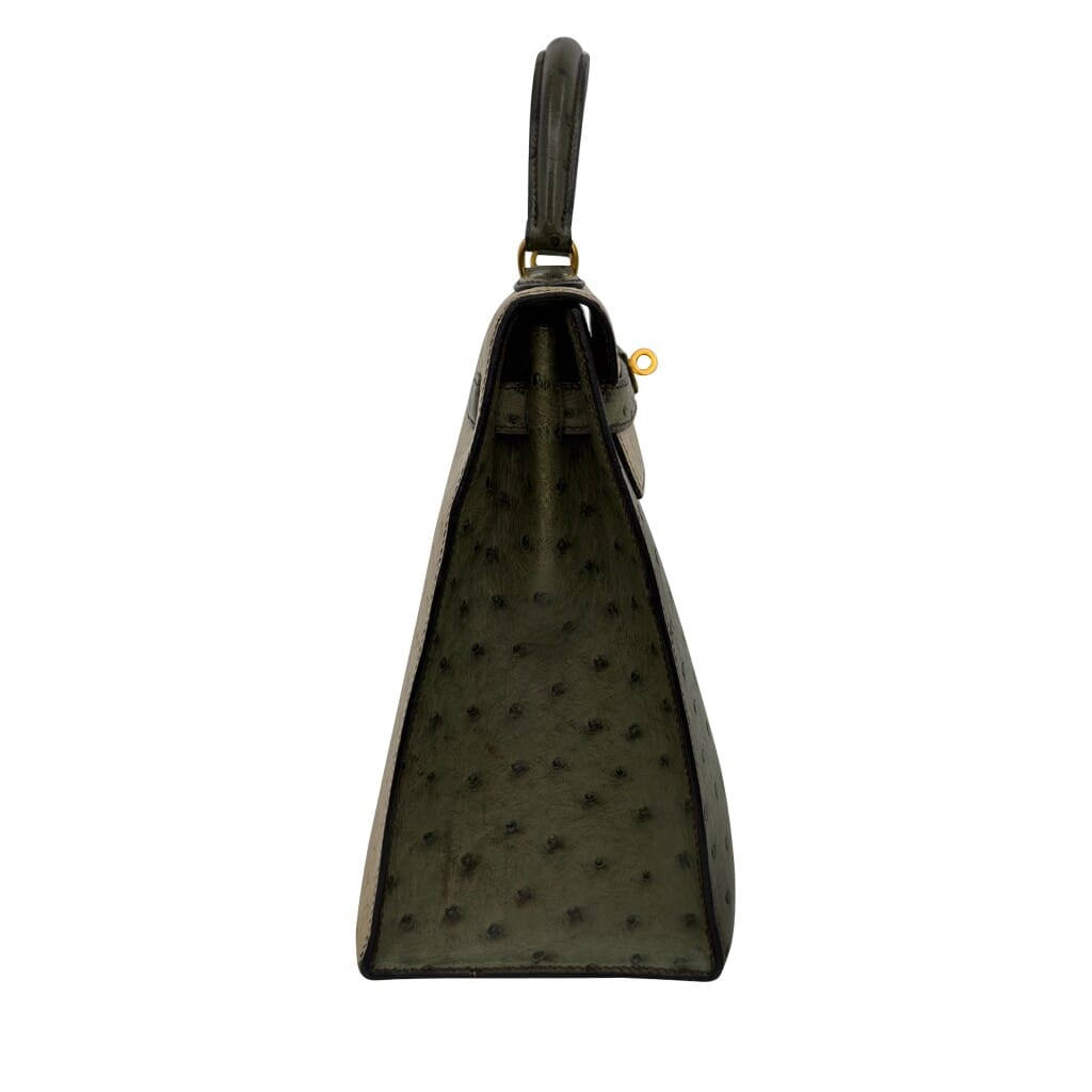 Vintage Vert Olive and Parchemin Ostrich Sellier Kelly 32 Gold Hardware, 1995