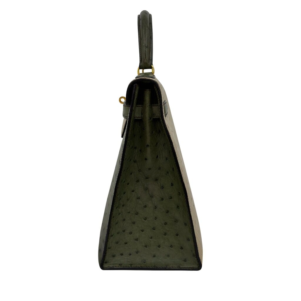 Vintage Vert Olive and Parchemin Ostrich Sellier Kelly 32 Gold Hardware, 1995