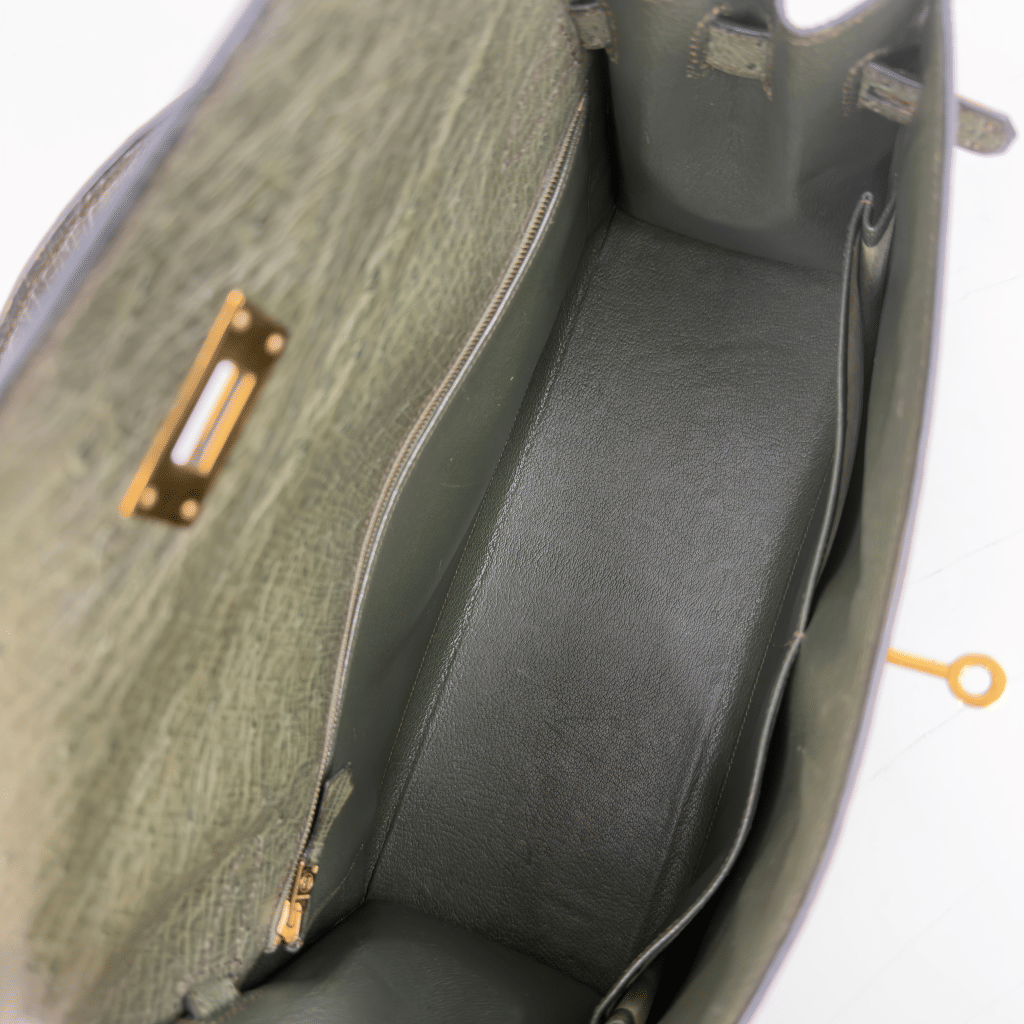 Vintage Vert Olive and Parchemin Ostrich Sellier Kelly 32 Gold Hardware, 1995