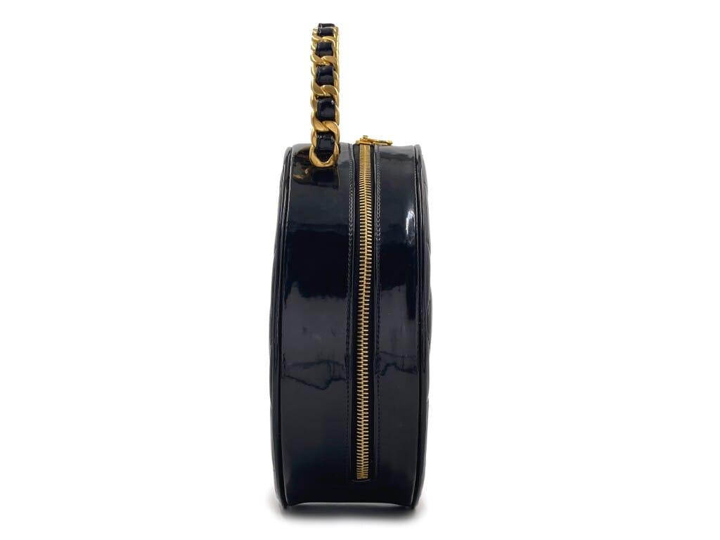 Vintage Black and White Patent CC Round Vanity Case Gold Hardware, 1995