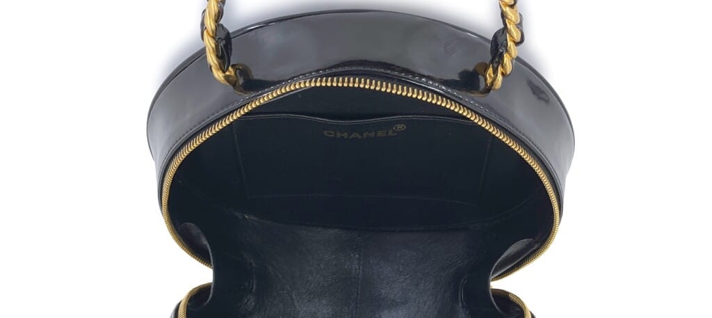Vintage Black and White Patent CC Round Vanity Case Gold Hardware, 1995