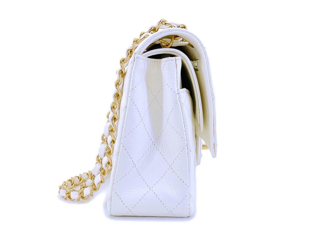 White Quilted Caviar Medium Classic Double Flap Bag Gold Hardware, 2005