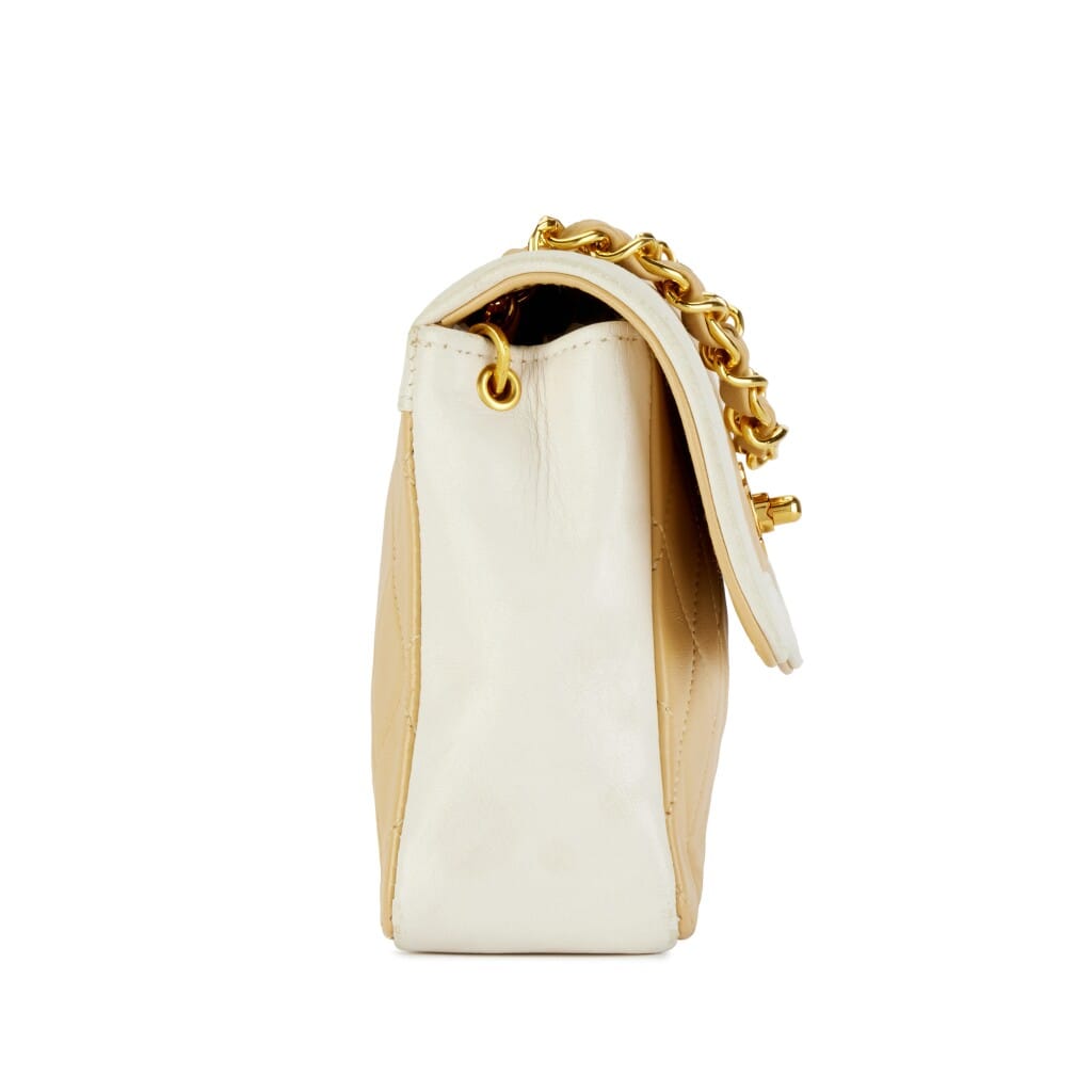 Vintage Beige and White Quilted Lambskin Mini Border Curved Flap Bag with Pouch Gold Hardware, 1989-1991