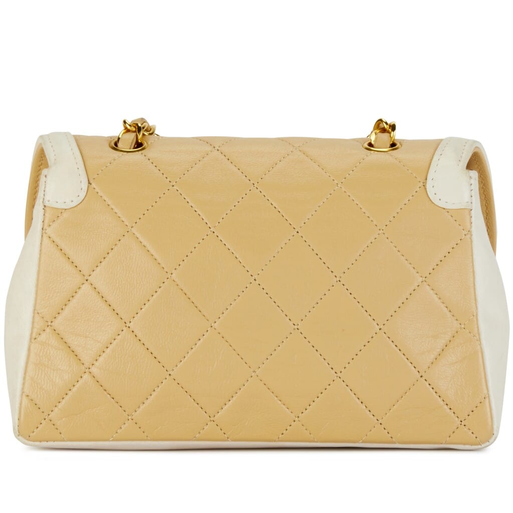 Vintage Beige and White Quilted Lambskin Mini Border Curved Flap Bag with Pouch Gold Hardware, 1989-1991
