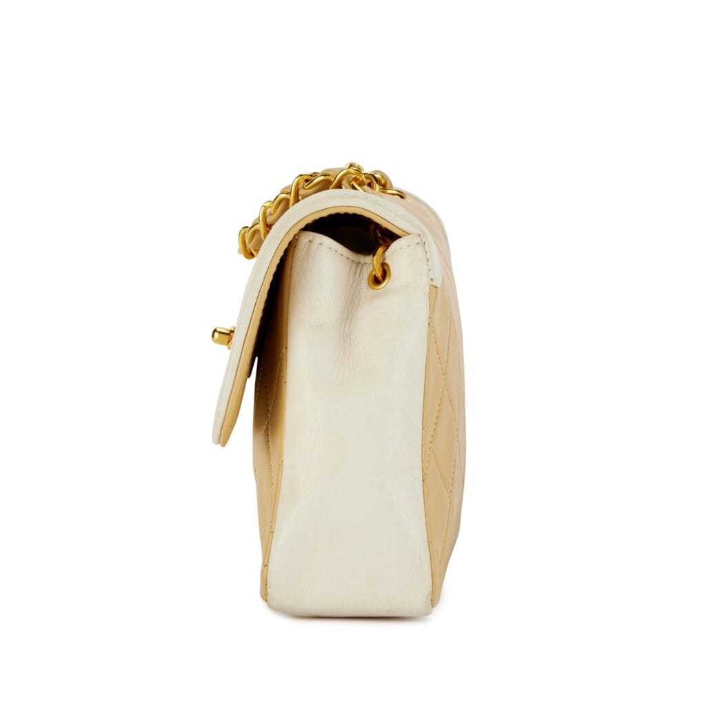 Vintage Beige and White Quilted Lambskin Mini Border Curved Flap Bag with Pouch Gold Hardware, 1989-1991
