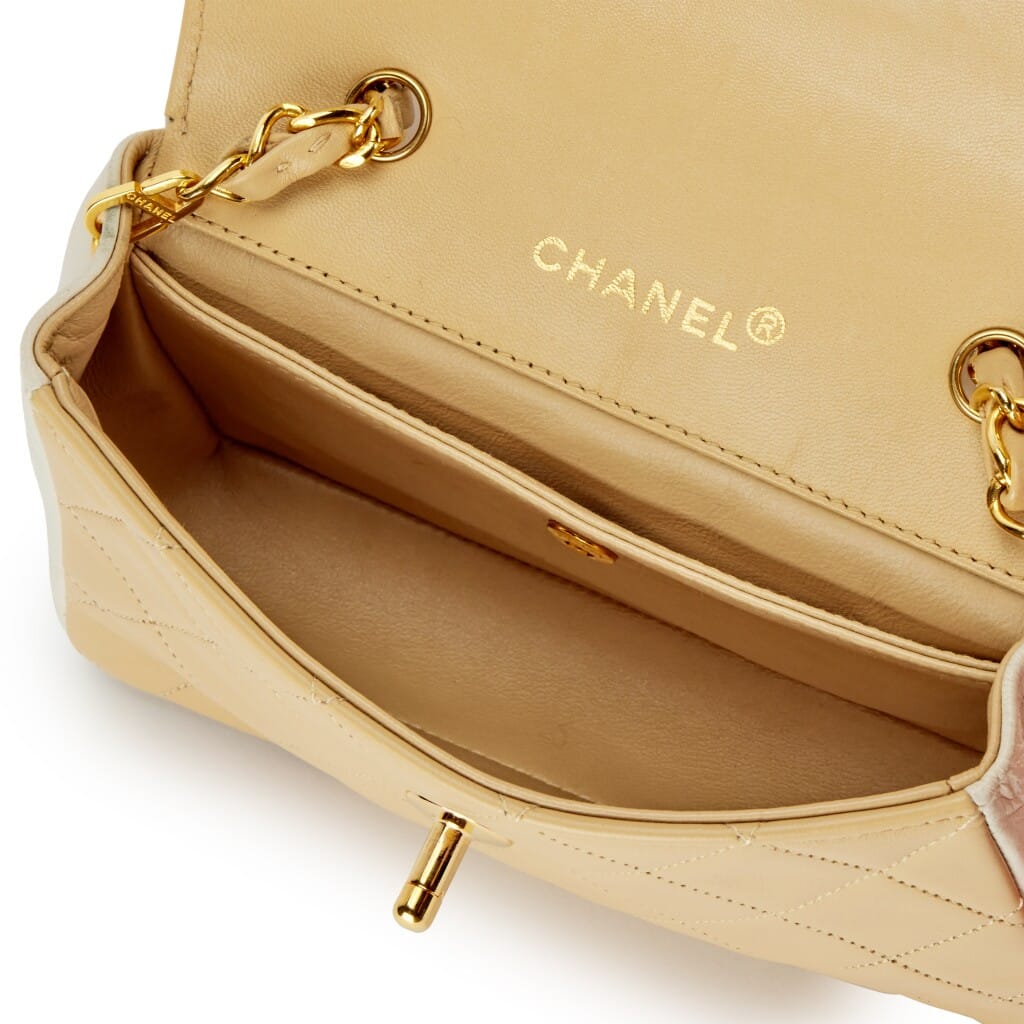 Vintage Beige and White Quilted Lambskin Mini Border Curved Flap Bag with Pouch Gold Hardware, 1989-1991