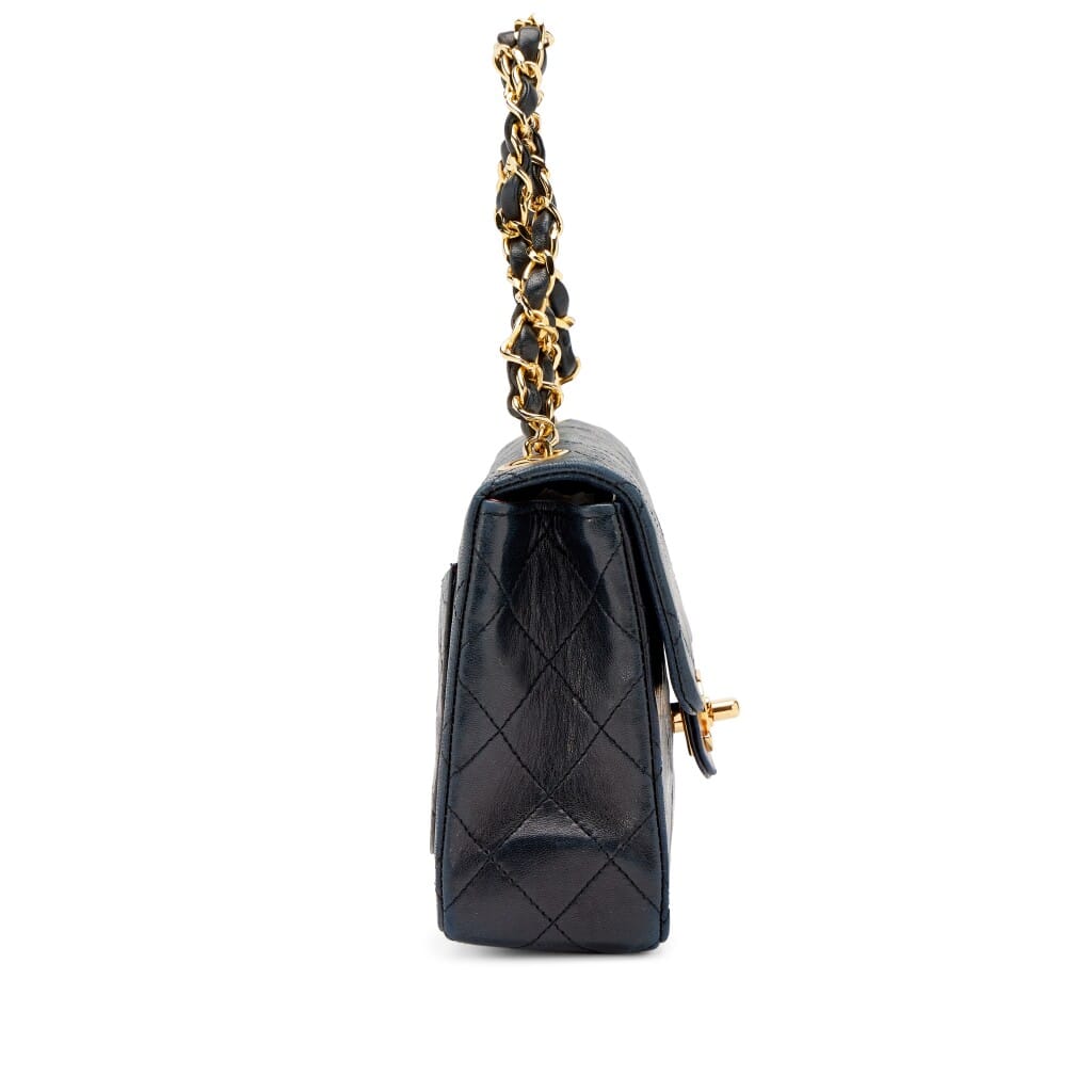 Vintage Navy Blue Quilted Lambskin Mini Square Flap with Chain Handle Gold Hardware, 1986-1988