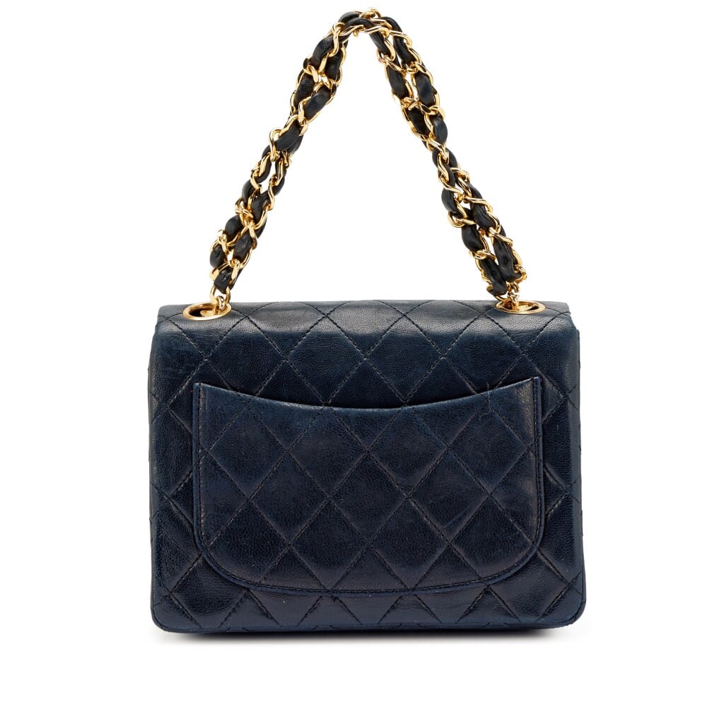 Vintage Navy Blue Quilted Lambskin Mini Square Flap with Chain Handle Gold Hardware, 1986-1988