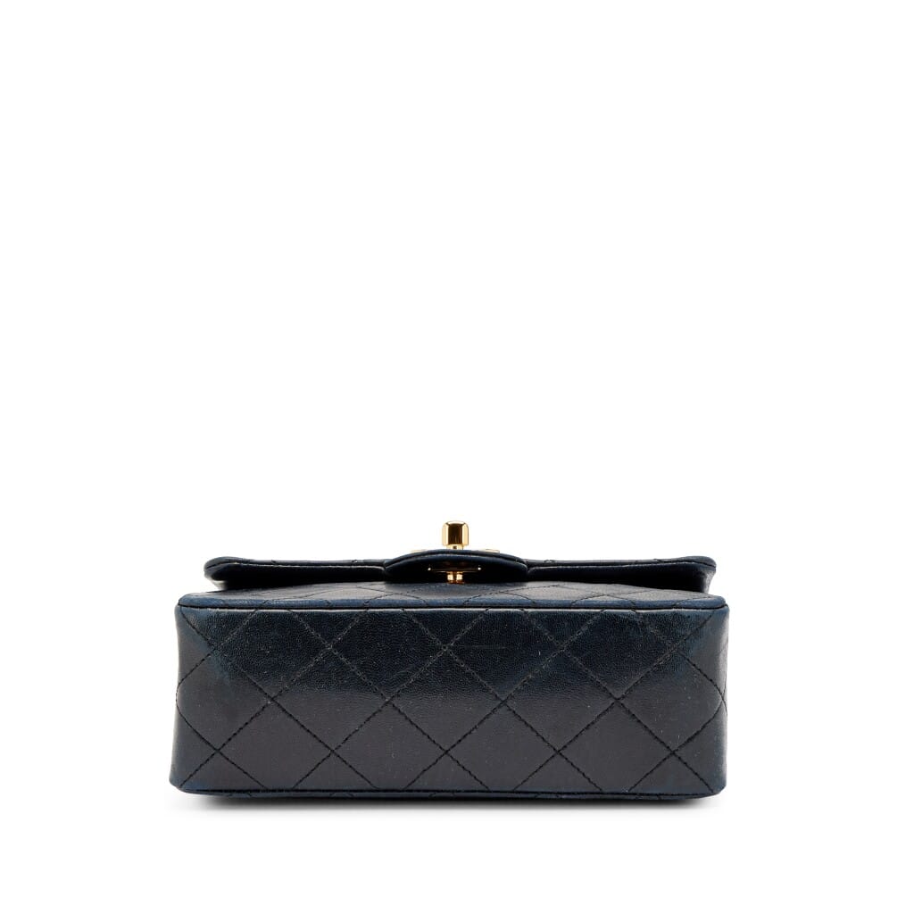 Vintage Navy Blue Quilted Lambskin Mini Square Flap with Chain Handle Gold Hardware, 1986-1988