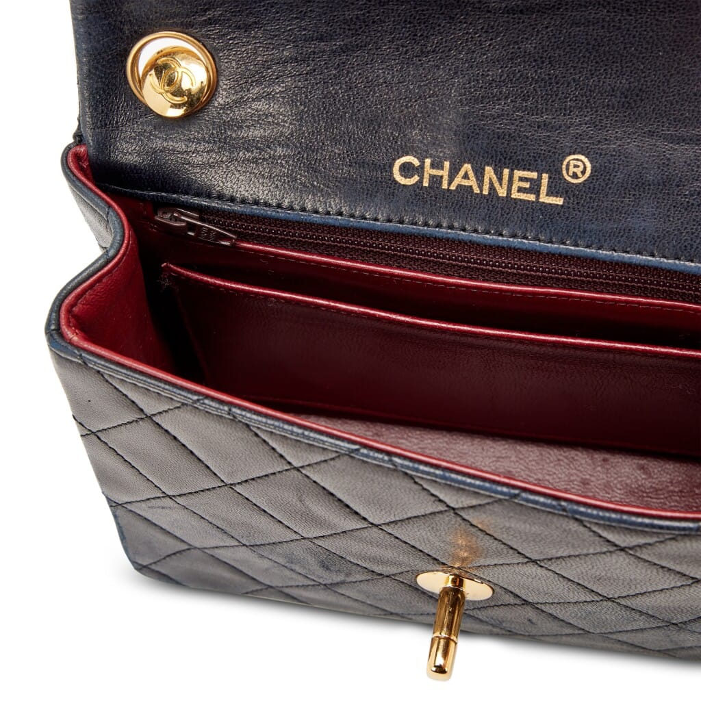 Vintage Navy Blue Quilted Lambskin Mini Square Flap with Chain Handle Gold Hardware, 1986-1988