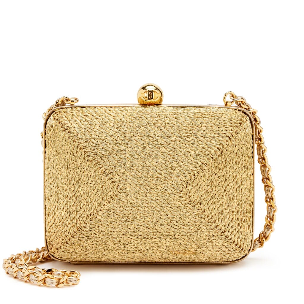 Vintage Metallic Gold Woven Raffia Rope Mini Box Clutch with Chain Bag Gold Hardware, 1997-1999