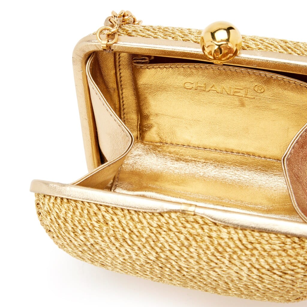Vintage Metallic Gold Woven Raffia Rope Mini Box Clutch with Chain Bag Gold Hardware, 1997-1999