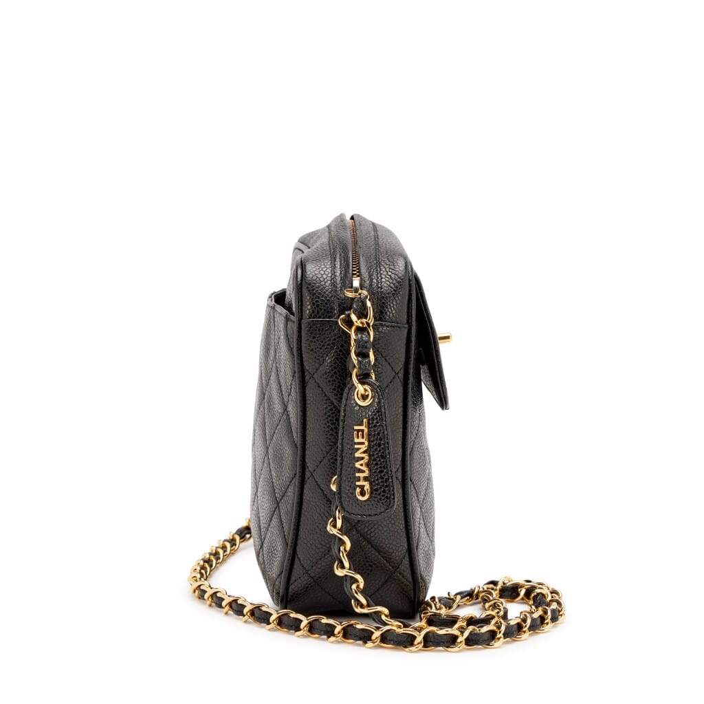 Vintage Black Quilted Caviar Front Flap Pocket Small Camera Bag Gold Hardware, 1994-1996