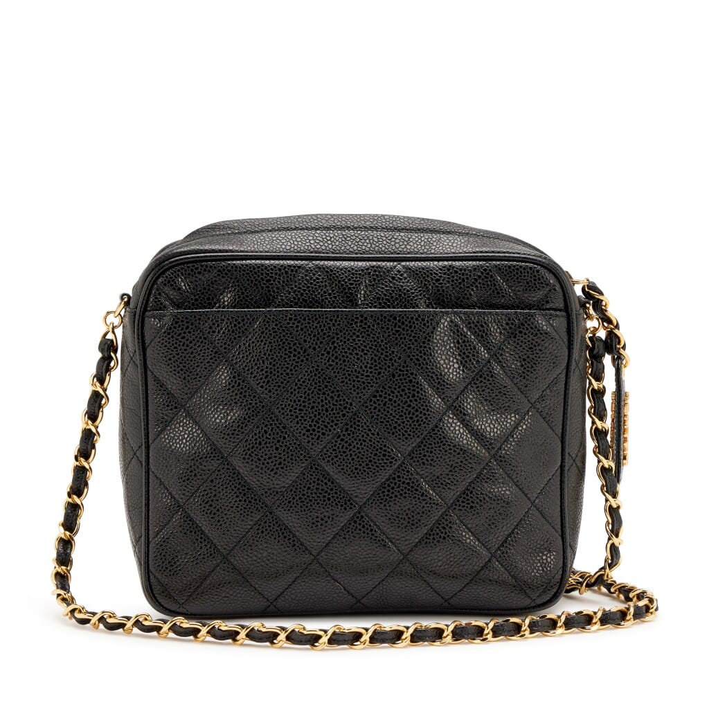 Vintage Black Quilted Caviar Front Flap Pocket Small Camera Bag Gold Hardware, 1994-1996