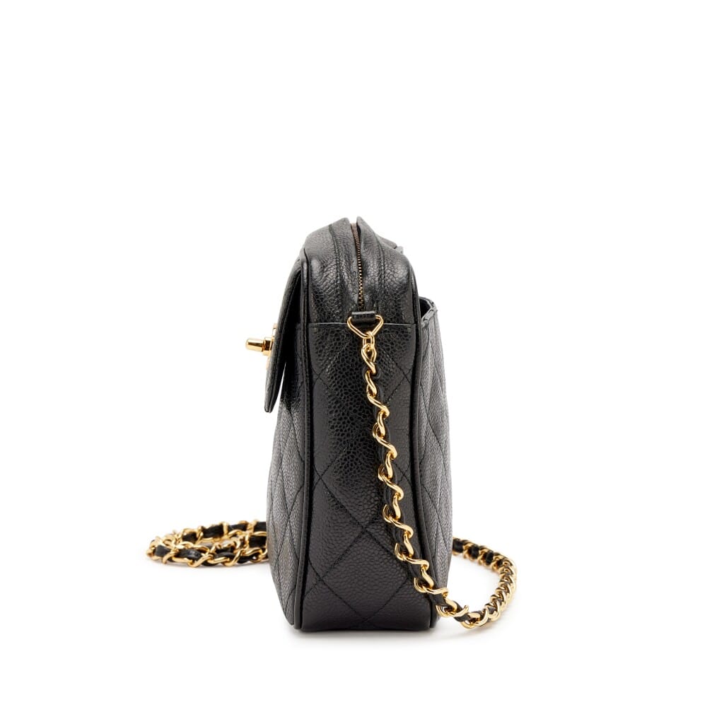 Vintage Black Quilted Caviar Front Flap Pocket Small Camera Bag Gold Hardware, 1994-1996