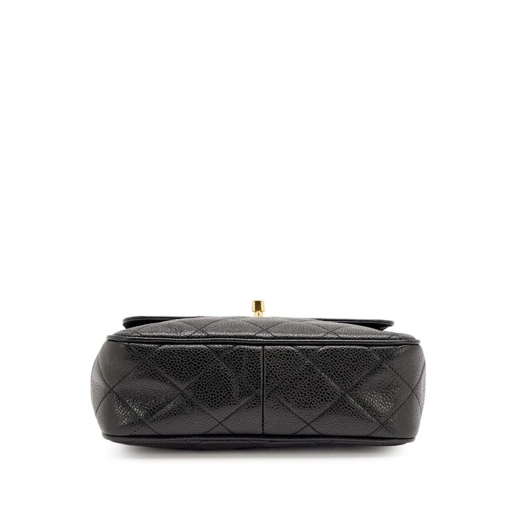 Vintage Black Quilted Caviar Front Flap Pocket Small Camera Bag Gold Hardware, 1994-1996