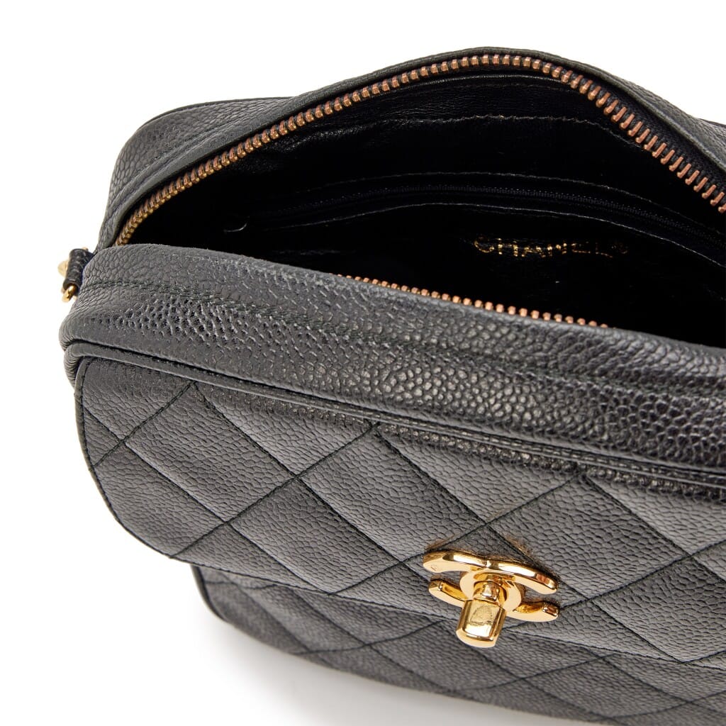 Vintage Black Quilted Caviar Front Flap Pocket Small Camera Bag Gold Hardware, 1994-1996