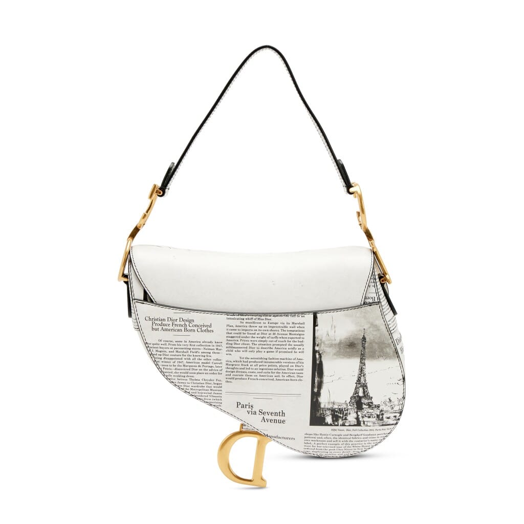 Black White Calfskin Newspaper Printed Saddle Bag Gold Hardware, 2024