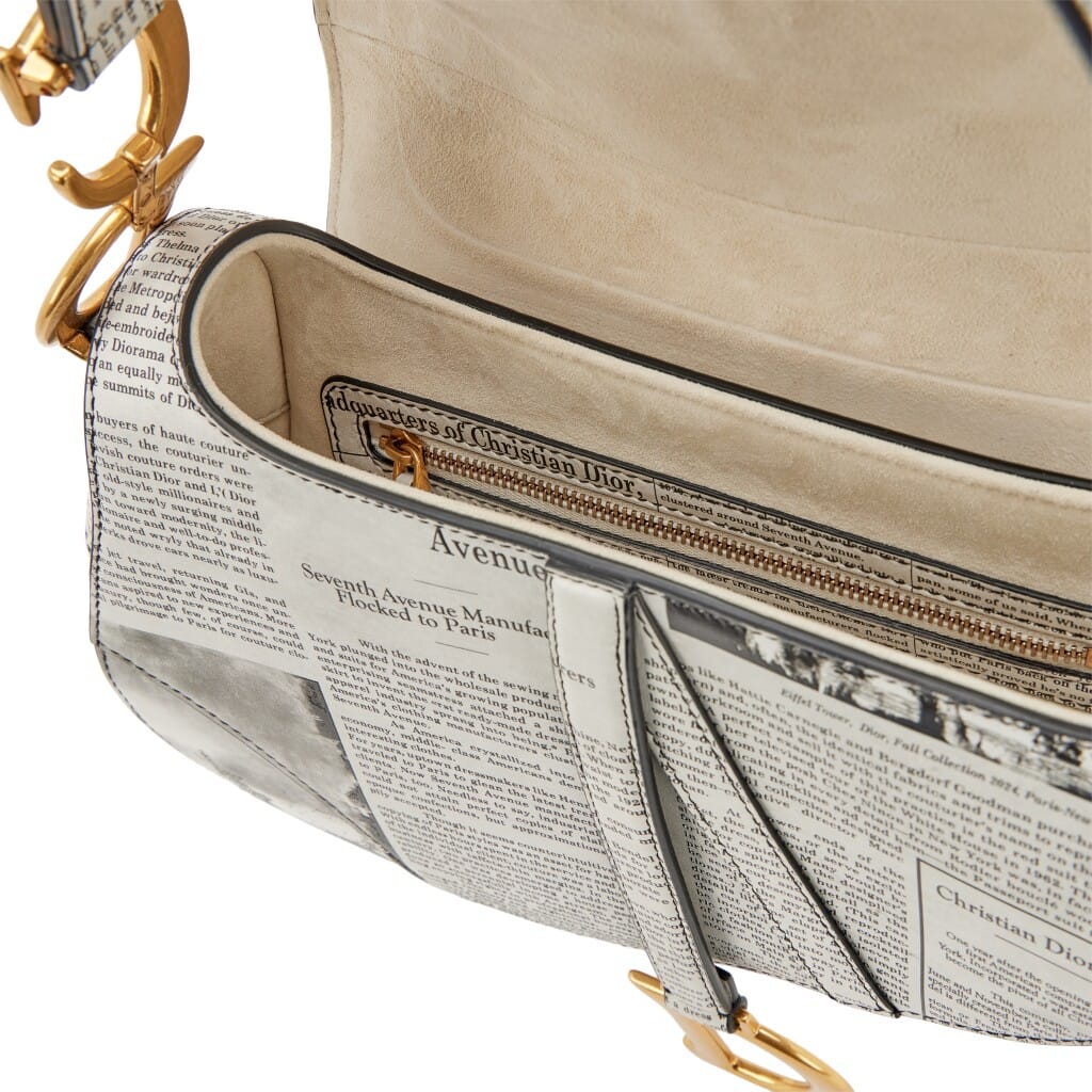 Black White Calfskin Newspaper Printed Saddle Bag Gold Hardware, 2024