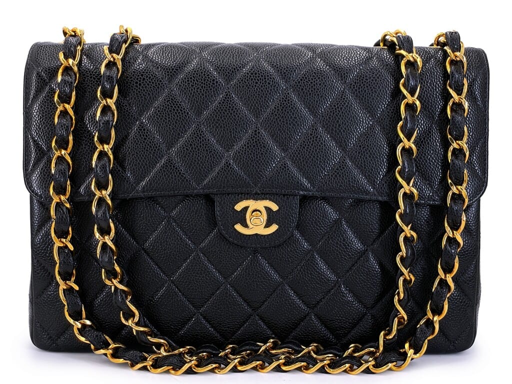 Vintage Black Quilted Caviar Jumbo Classic Single Flap Bag Gold Hardware, 2002-2003