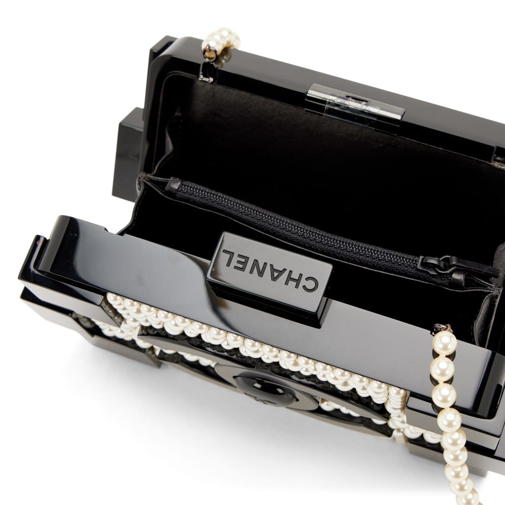 Black Plexiglass and White Imitation Pearl Supermarket Boy Brick Lego Minaudière Clutch Black Hardware, 2014