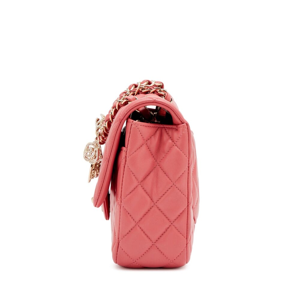 Pink Quilted Lambskin Medium Classic Valentine Charm Single Flap Bag Silver Hardware, 2014