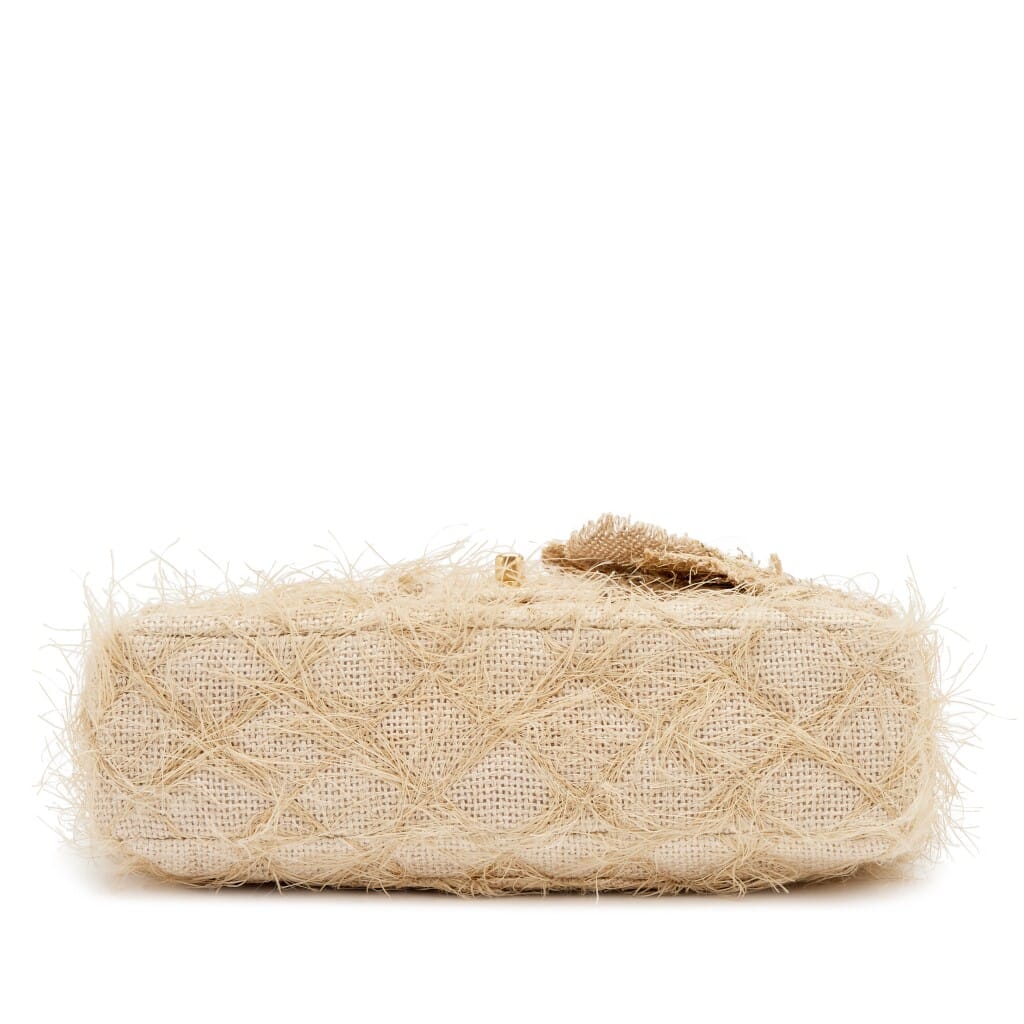 Taupe Beige Quilted Camellia Straw Jute Raffia Medium Flap Bag Brush Gold Hardware, 2010