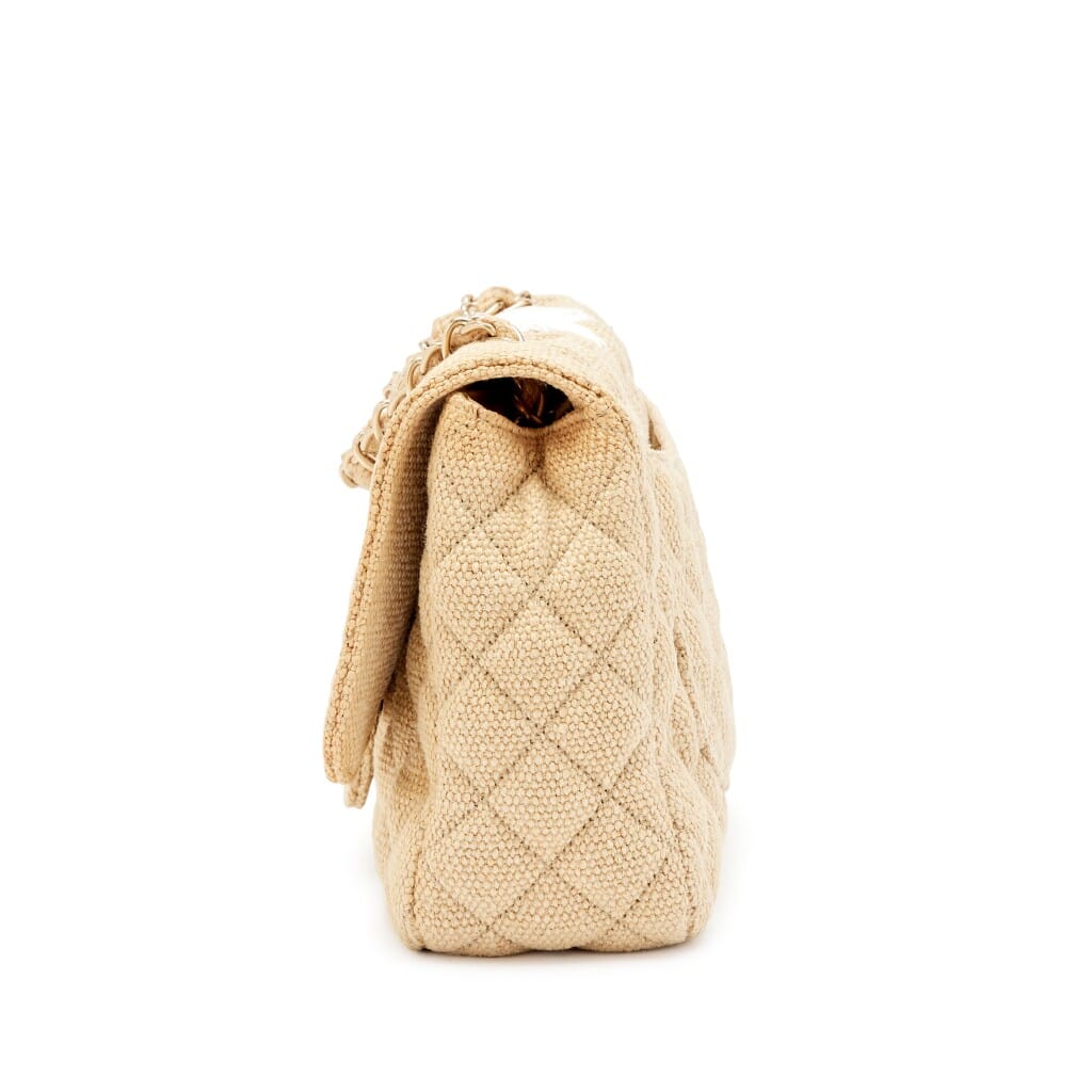 Beige White Quilted Linen And Straw Raffia Floral Embroidered Country Coco Jumbo Flap Bag Brushed Gold Hardware, 2010