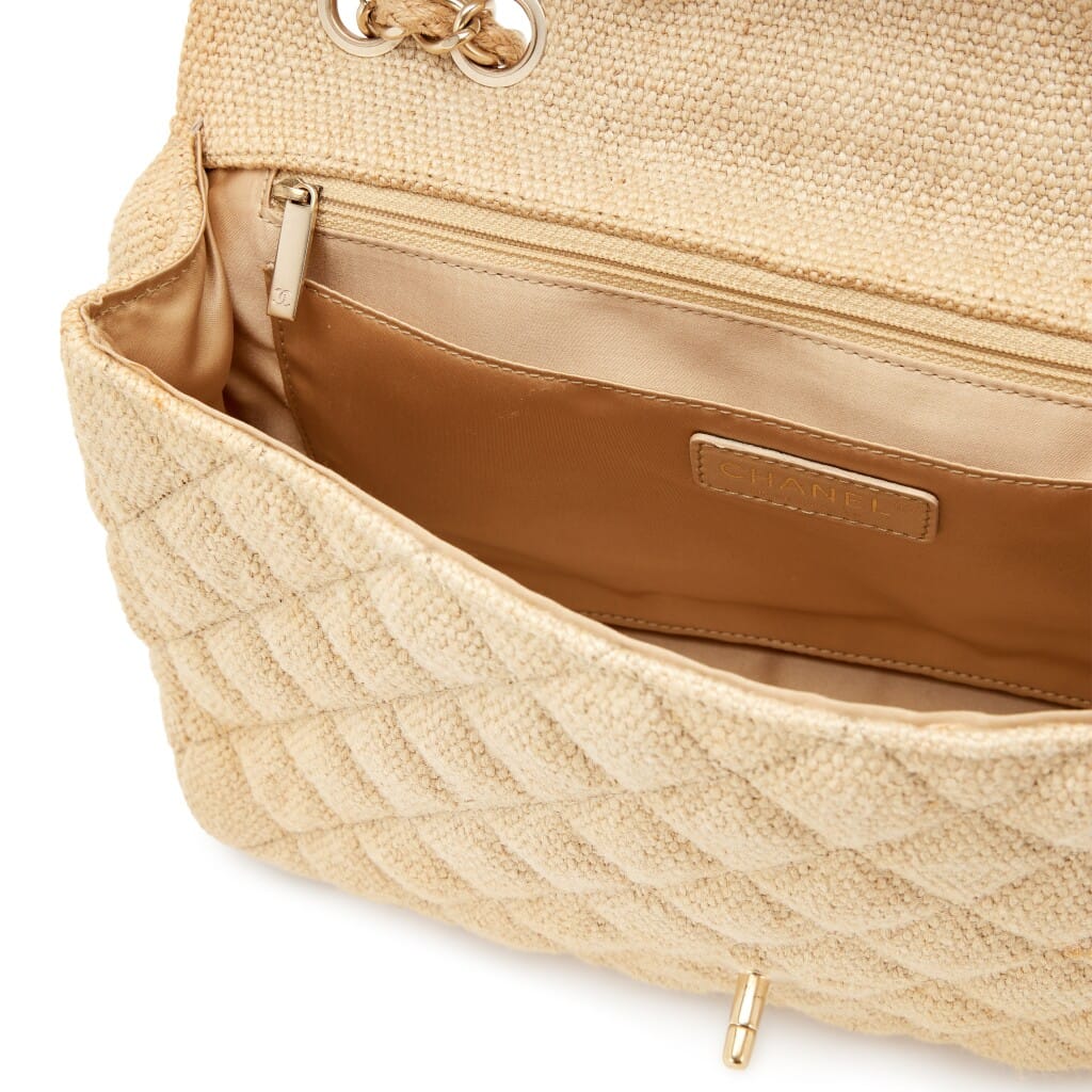 Beige White Quilted Linen And Straw Raffia Floral Embroidered Country Coco Jumbo Flap Bag Brushed Gold Hardware, 2010