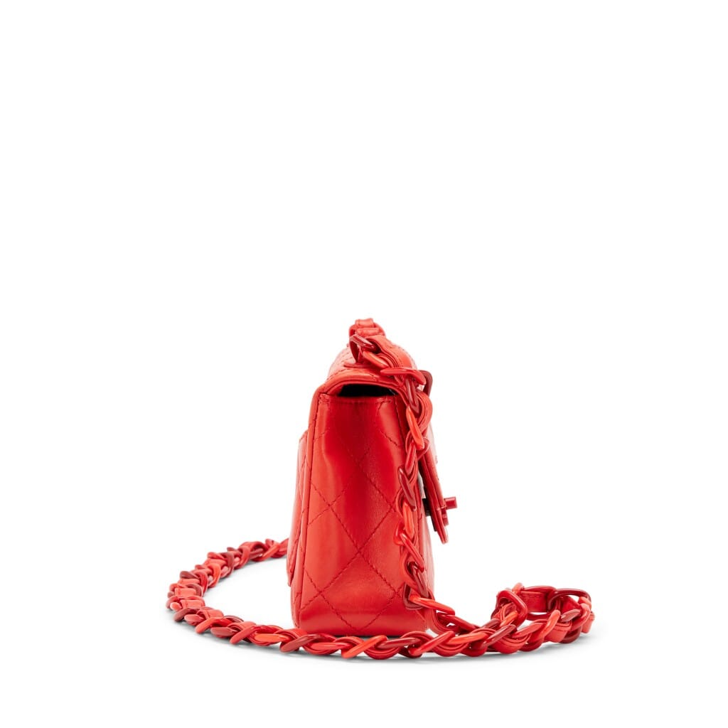 Vintage Red Quilted Lambskin Mini Square Classic Single Flap Bag Red Resin Hardware, 1997-1999