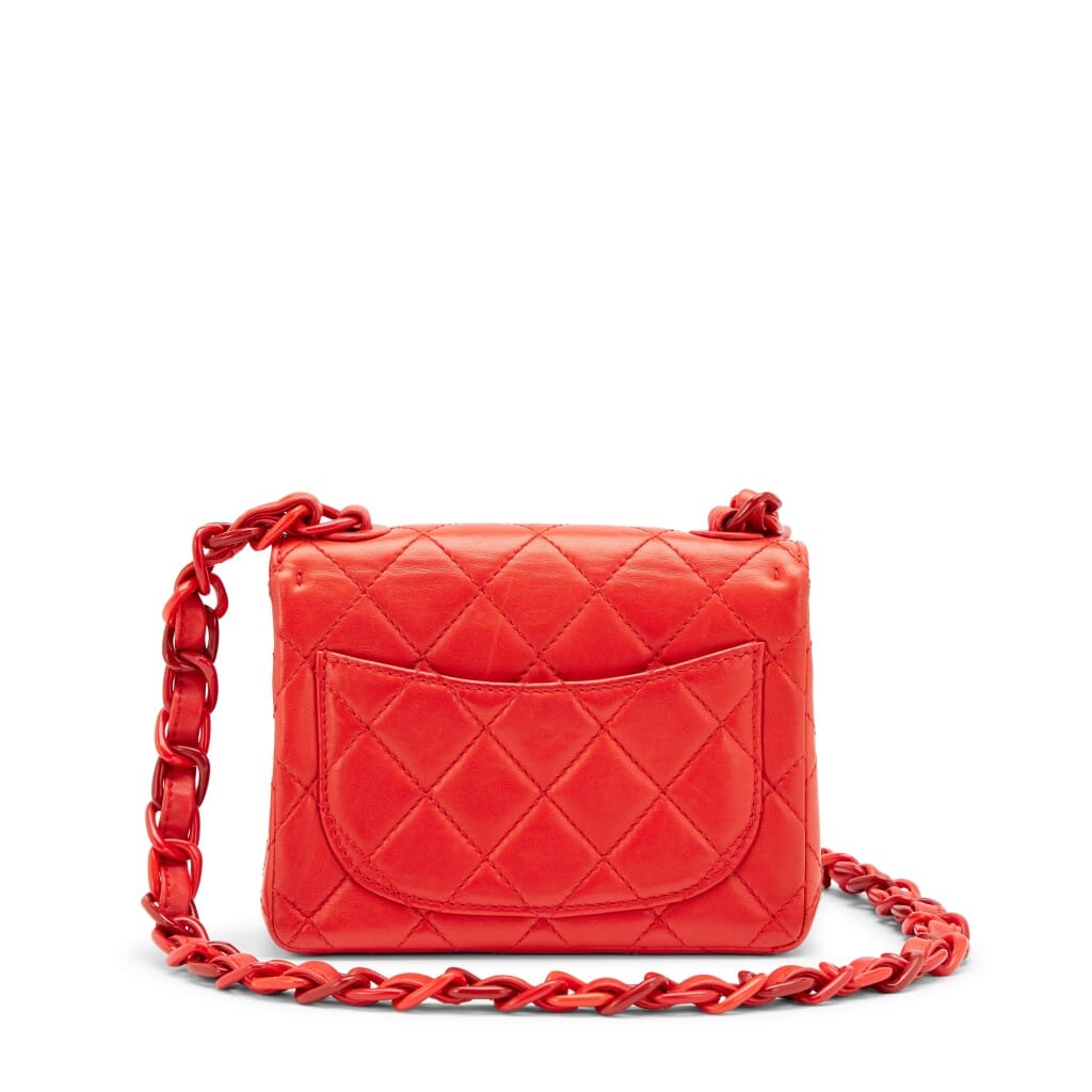 Vintage Red Quilted Lambskin Mini Square Classic Single Flap Bag Red Resin Hardware, 1997-1999