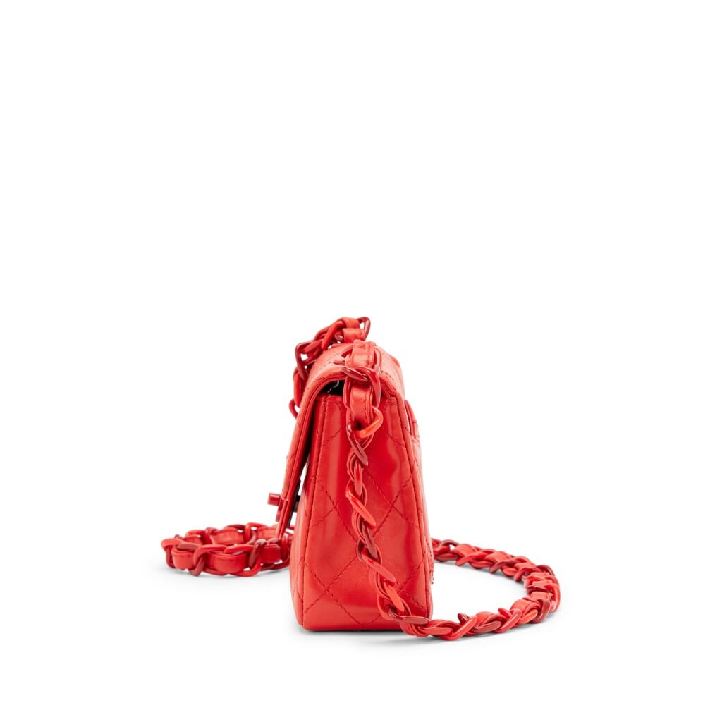 Vintage Red Quilted Lambskin Mini Square Classic Single Flap Bag Red Resin Hardware, 1997-1999