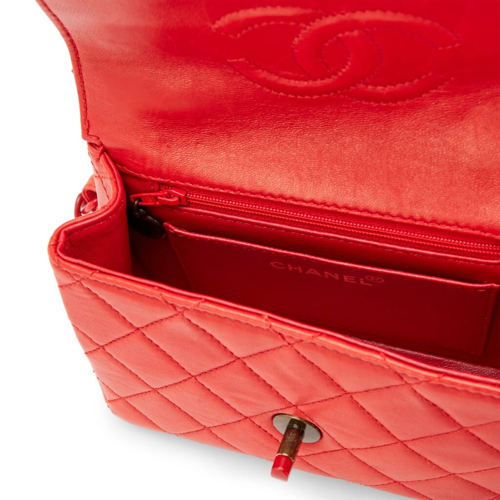 Vintage Red Quilted Lambskin Mini Square Classic Single Flap Bag Red Resin Hardware, 1997-1999