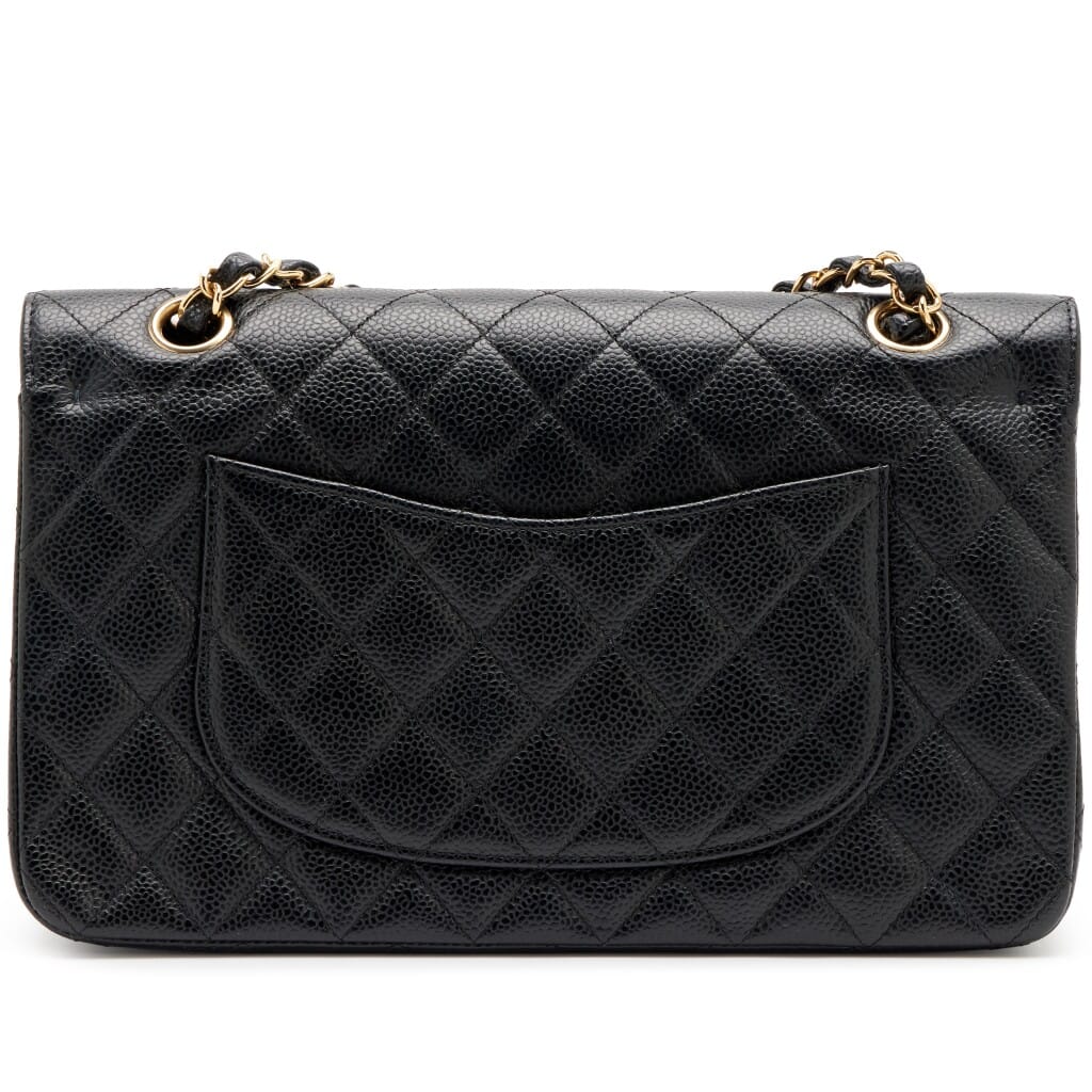 Vintage Black Quilted Caviar Medium Classic Double Flap Bag Gold Hardware, 2005-2006