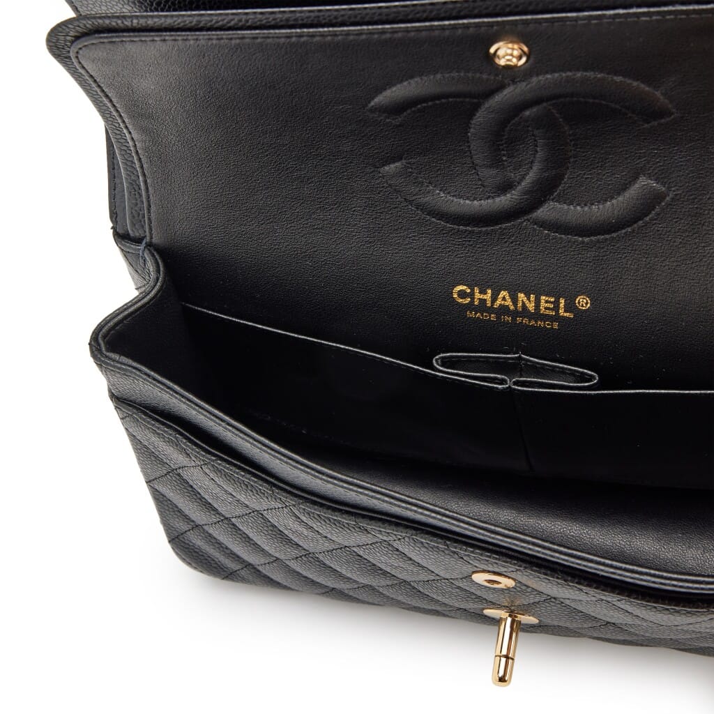 Vintage Black Quilted Caviar Medium Classic Double Flap Bag Gold Hardware, 2005-2006