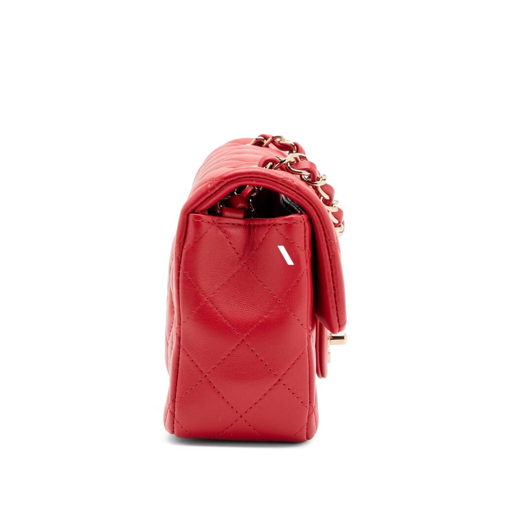 Red Quilted Lambskin Mini Rectangular Classic Single Flap Bag Light Gold Hardware, 2020