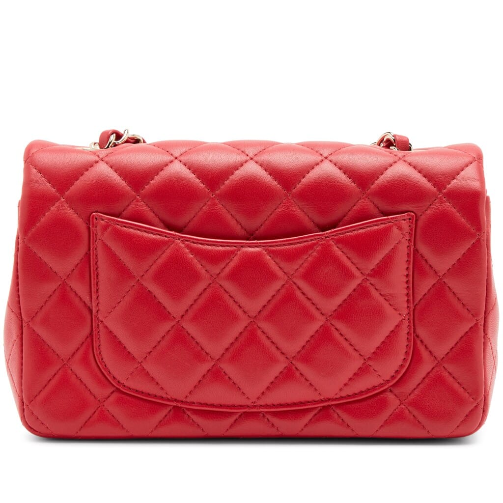 Red Quilted Lambskin Mini Rectangular Classic Single Flap Bag Light Gold Hardware, 2020