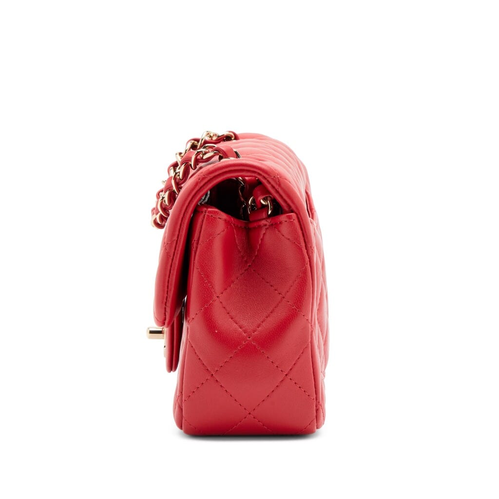 Red Quilted Lambskin Mini Rectangular Classic Single Flap Bag Light Gold Hardware, 2020